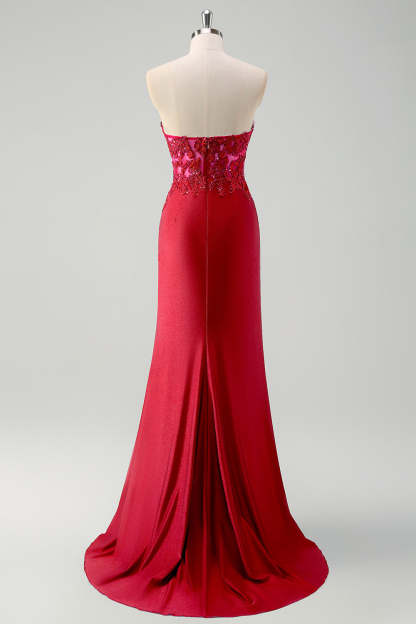 Green Mermaid Applique Strapless Ruched Prom Dress with Slit