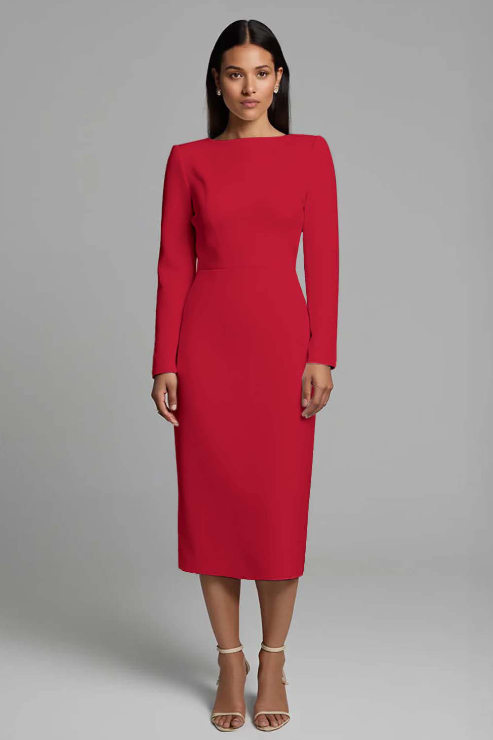 Simple Pencil Ivory Plus Size Bateau Neck Midi Work Dress with Slit