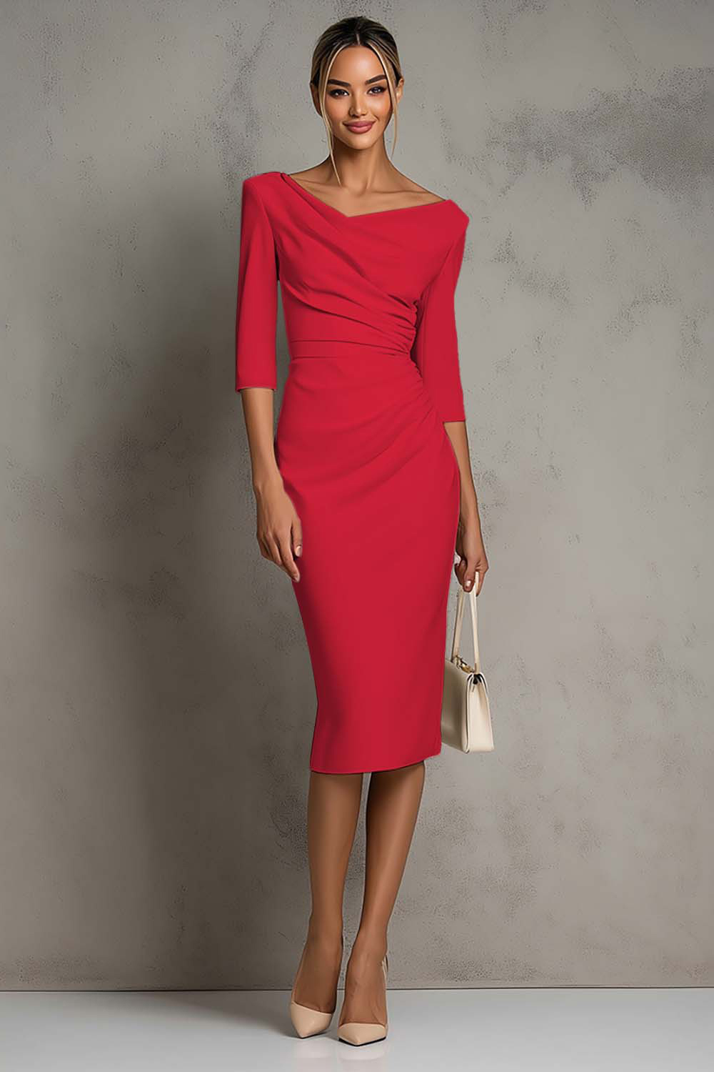 Simple Ivory Ruched Pencil Midi Work Dress with Slit