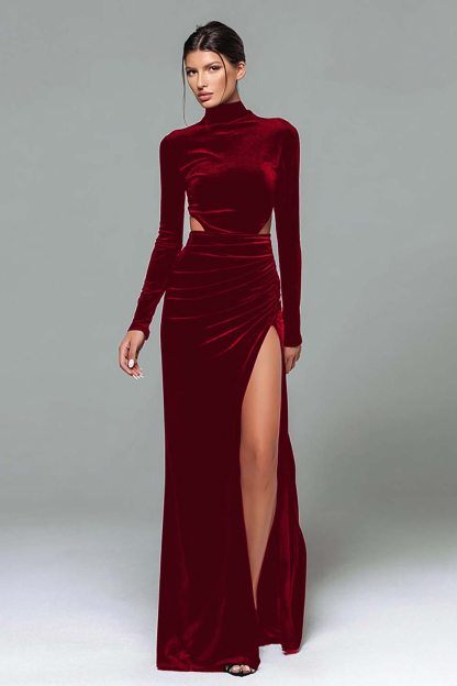 Black Velvet Sheath High Neck Cut Out Maxi Holiday Party Dress with Slit