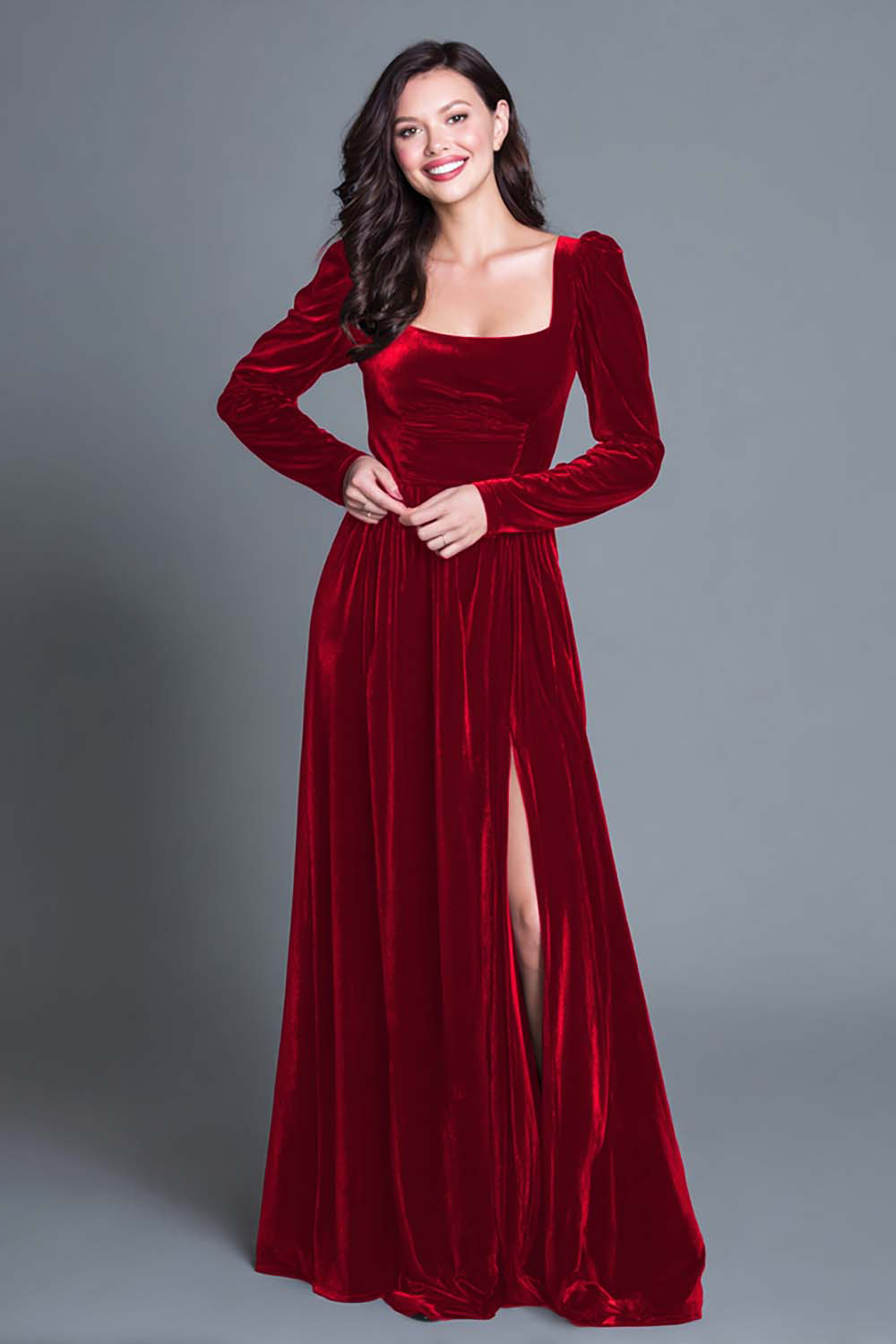 Burgundy A Line Velvet Long Holiday Party Dress with Slit