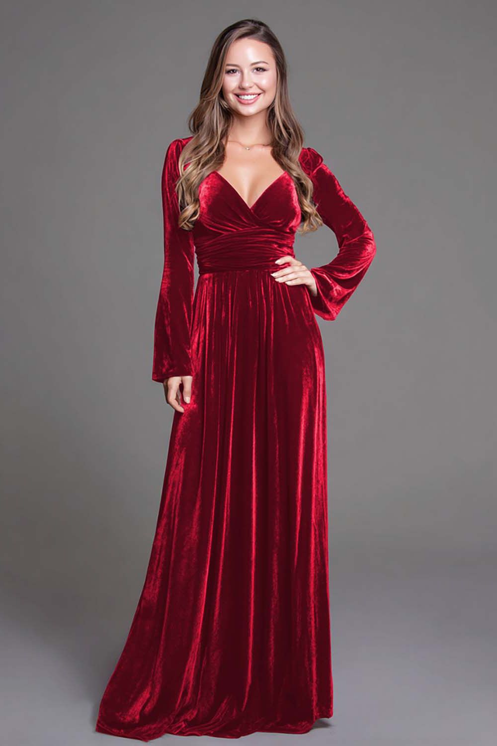 Leely Women Burgundy Velvet Long Holiday Party Dress with Sleeves V-Neck A Line Formal Dress