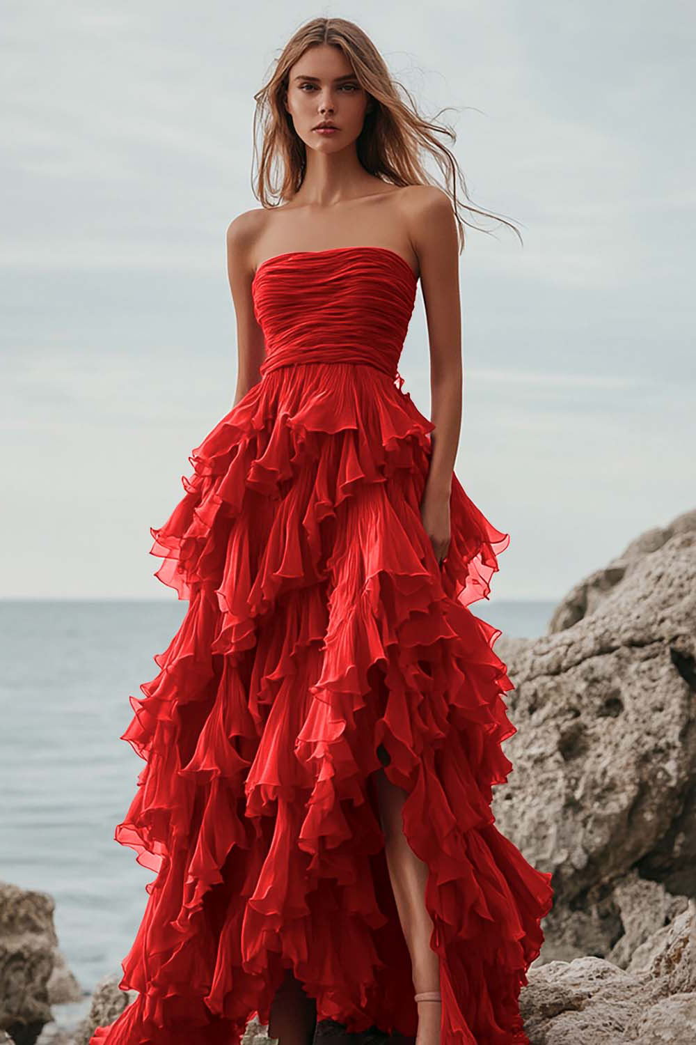Fuchsia Tulle Strapless A Line Ruffled Long Formal Dress with Slit