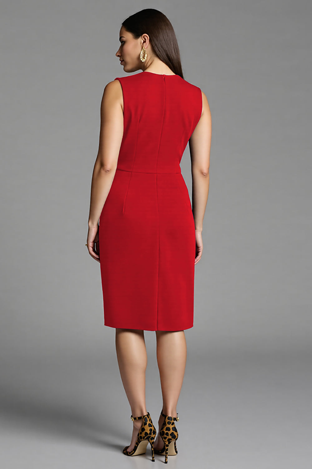 Royal Blue Bodycon Satin V-Neck Midi Work Dress with Sash