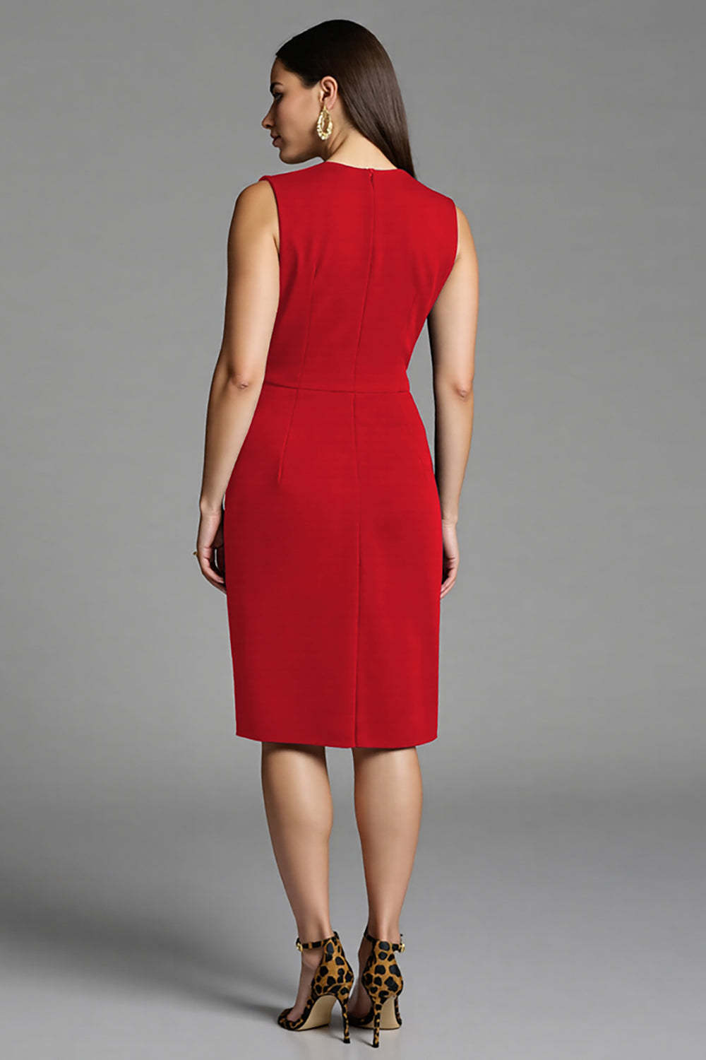 Royal Blue Bodycon Satin V-Neck Midi Work Dress with Sash