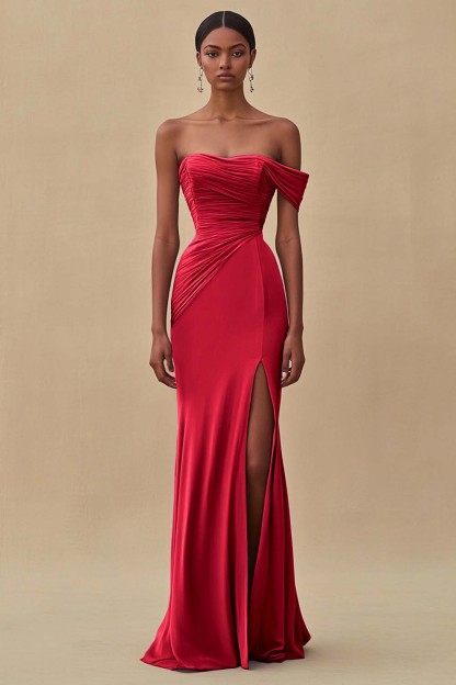 Chiffon Purple Ruched Sheath Formal Dress with Slit