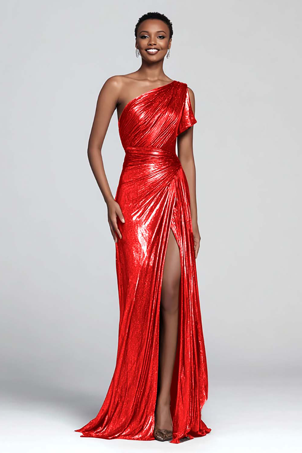 Brown Metallic One Shoulder Mermaid Long Formal Dress with Slit