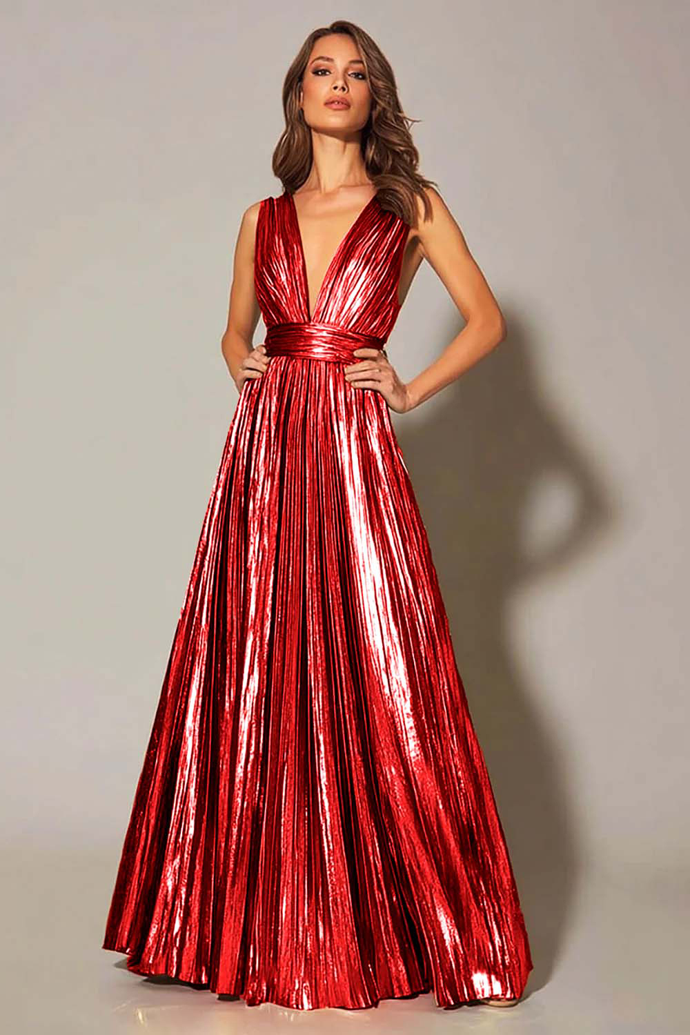 Gold Metallic Pleated V-Neck A-Line Long Formal Dress