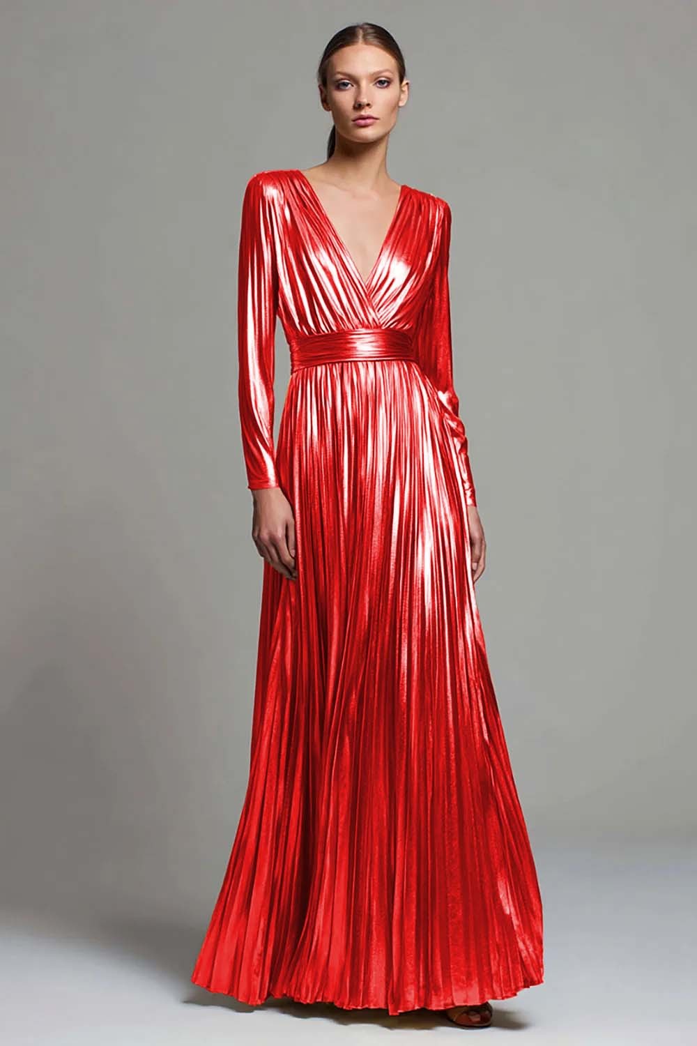 Gold Metallic V-Neck A Line Pleated Long Formal Dress with Sleeves