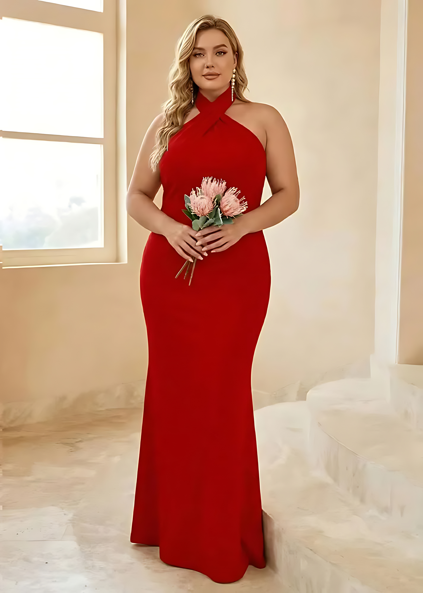 Plus Size Elegant Mermaid Brown Halter Backless Bridesmaid Dress
