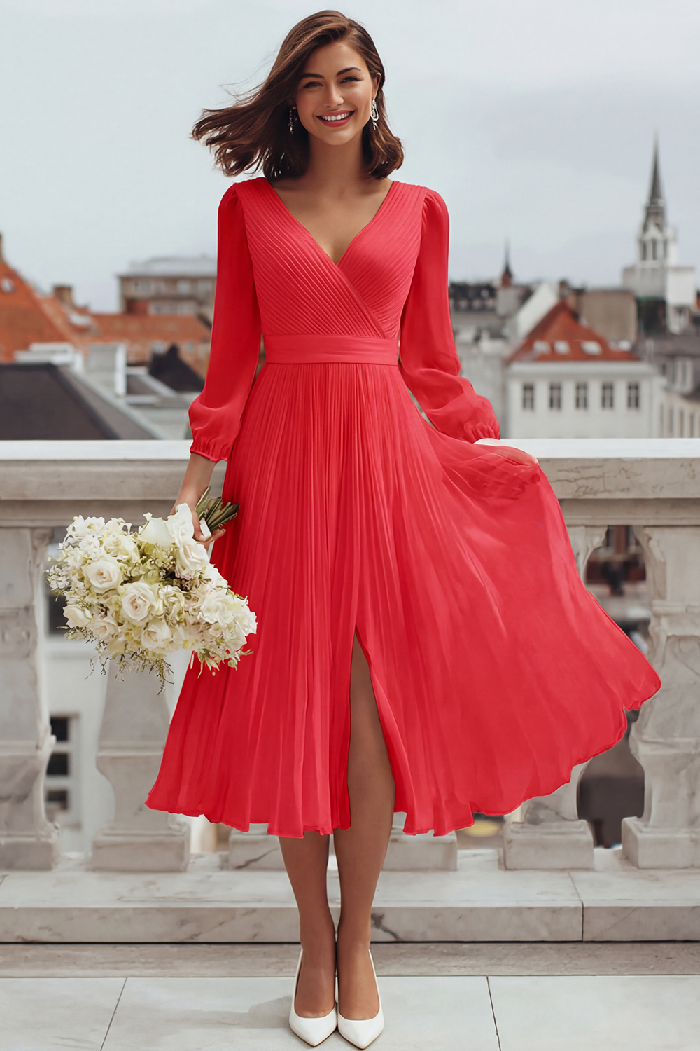 Ivory V-Neck A Line Midi Engagement Dress with Slit