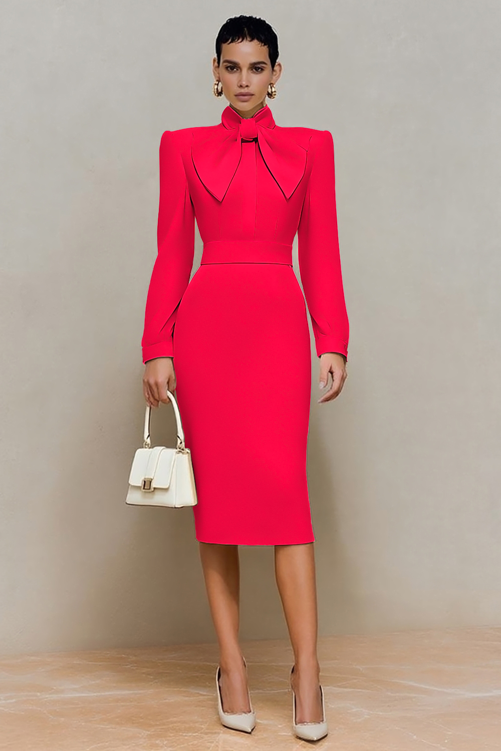 Leely Women Ivory Pencil Midi Work Dress with Bow High Neck Long Sleeves Business Dress