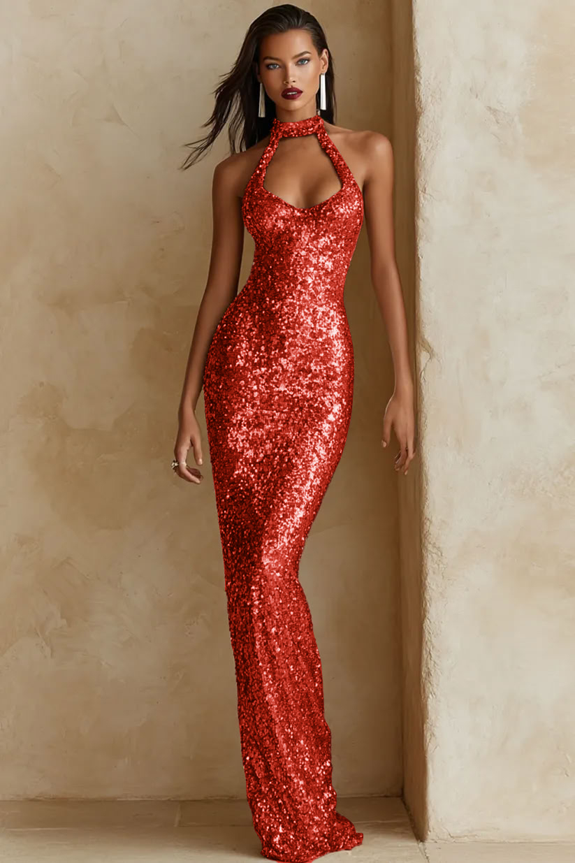 Sparkly Sequin Champagne Halter Long Gala Dress