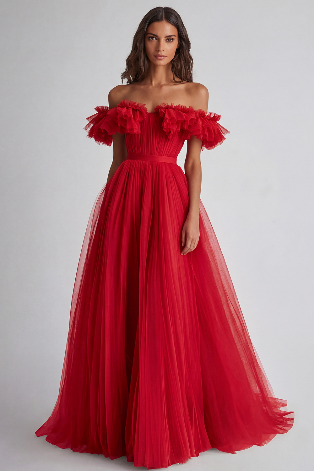 Dusty Sage A Line Tulle Long Wedding Guest Dress with Ruffles