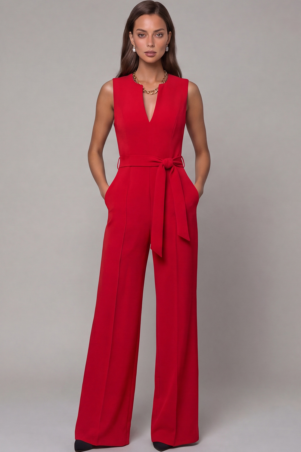 Navy V Neck Sleeveless Long Work Jumpsuit with Pockets