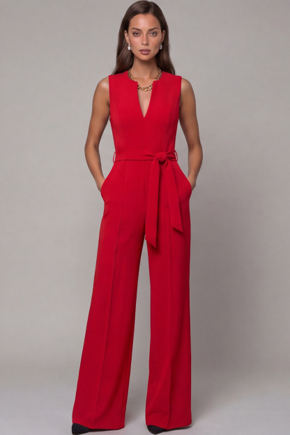 Navy V Neck Sleeveless Long Work Jumpsuit with Pockets
