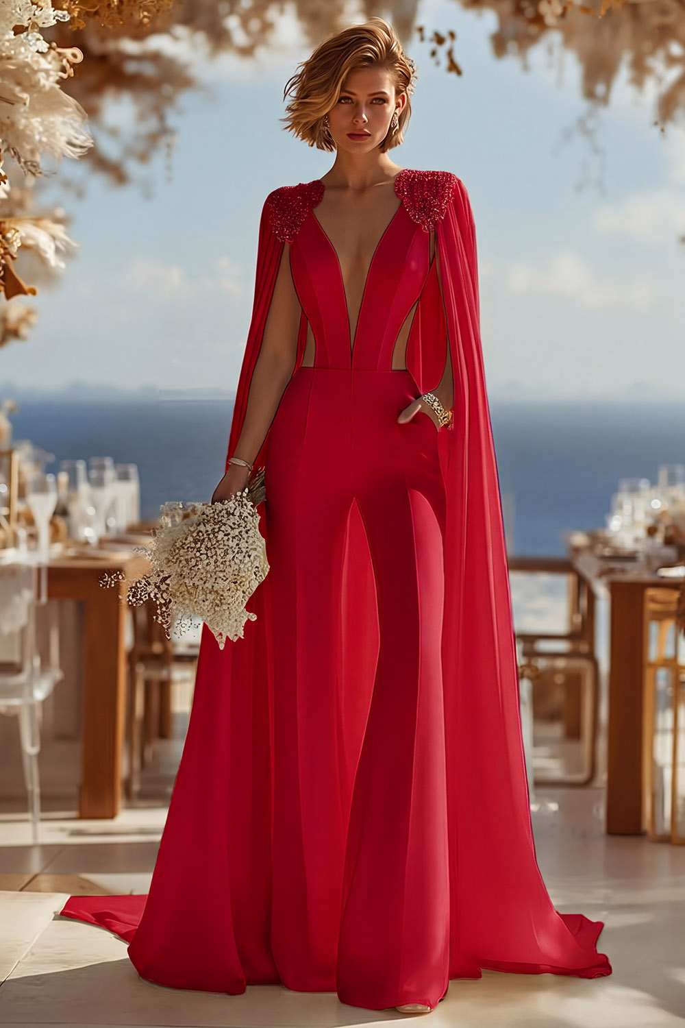 Ivory Cut Out Deep V-Neck Bridal Jumpsuits with Cape