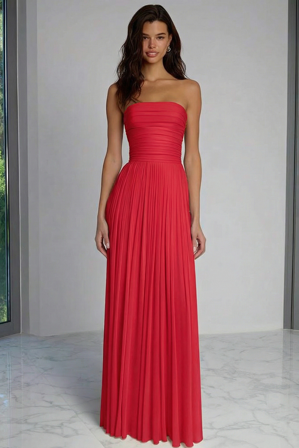 Champagne Pleated Sheath Strapless Long Bridesmaid Dress
