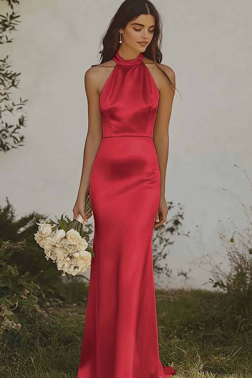 Elegant Light Yellow Sheath Halter Long Satin Bridesmaid Dress