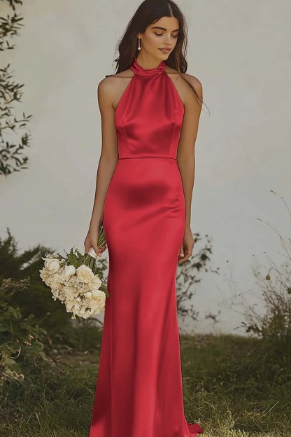 Elegant Light Yellow Sheath Halter Long Satin Bridesmaid Dress