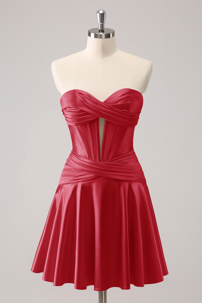 Burgundy Corset Pleated A Line Satin Short Homecoming Dress