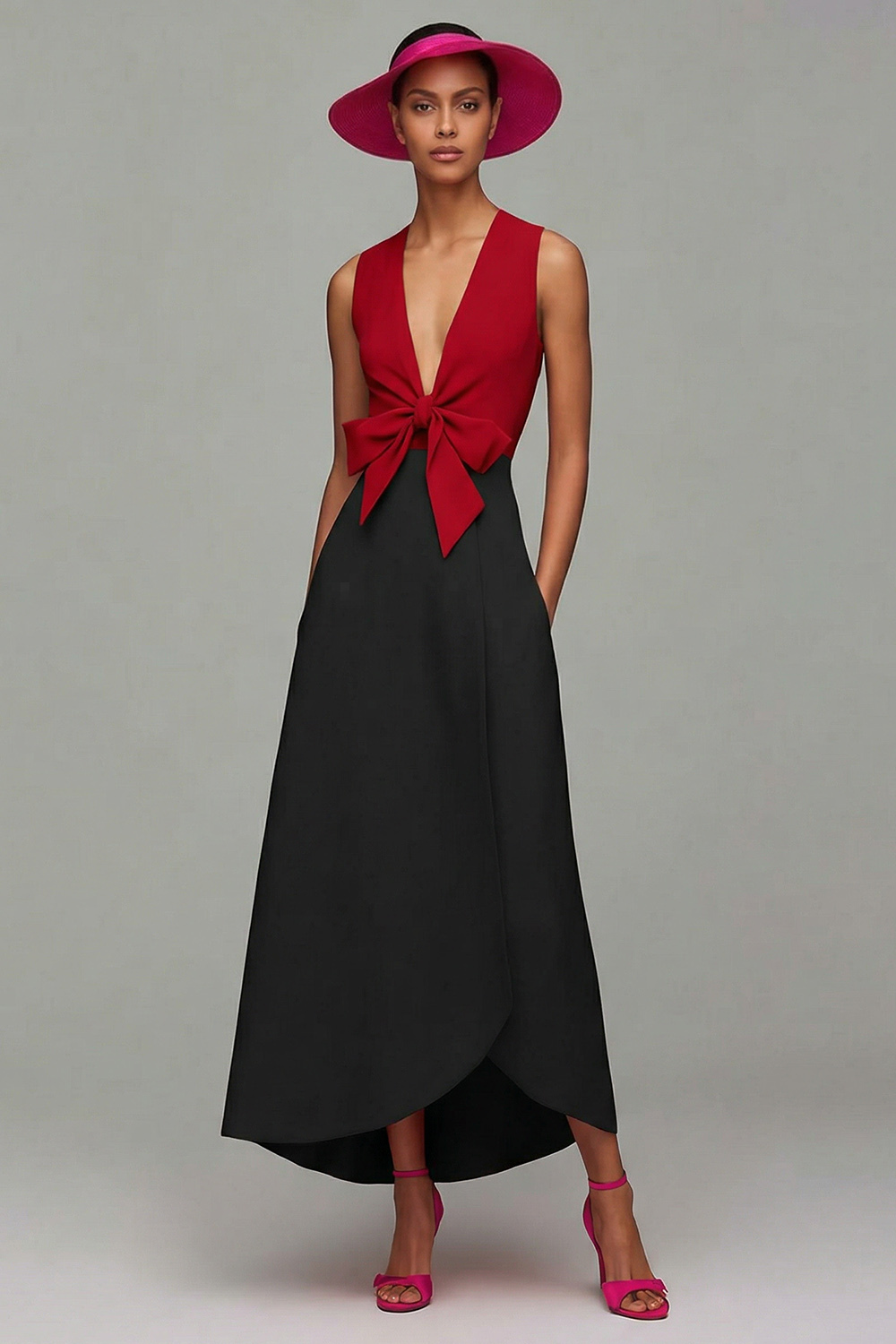 Orange and Fuchsia Deep V-Neck Maxi Formal Dress with Bow