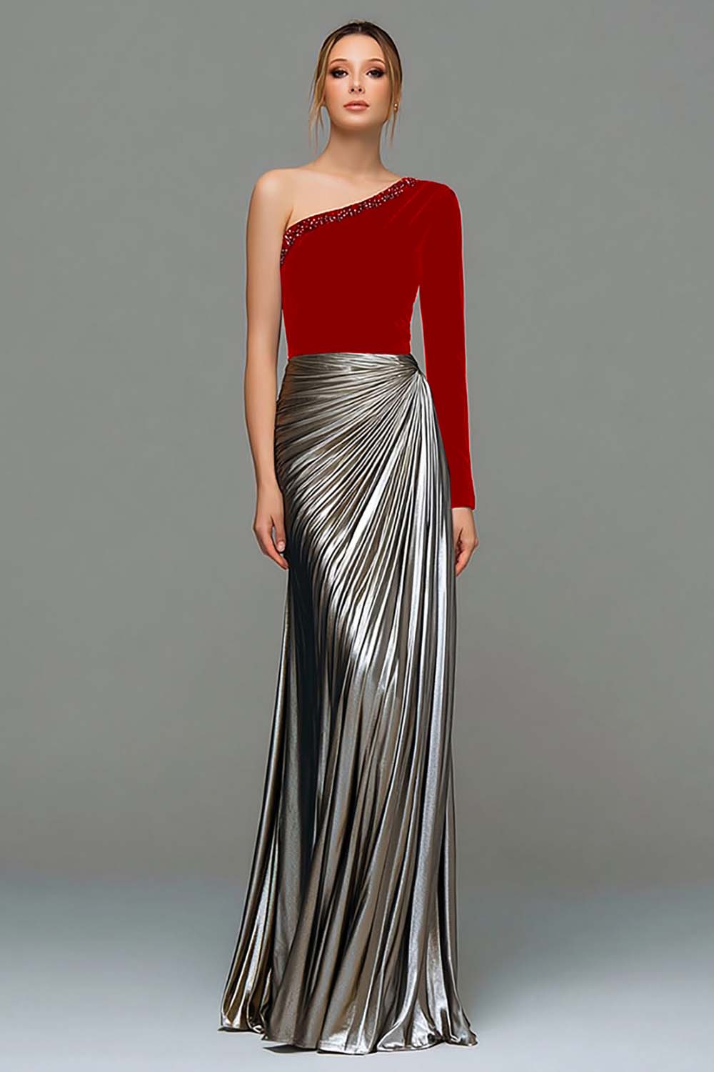 Metallic Black and Grey One Shoulder Velvet Long Holiday Party Dress