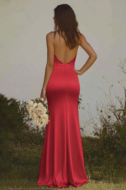Elegant Light Yellow Sheath Halter Long Satin Bridesmaid Dress