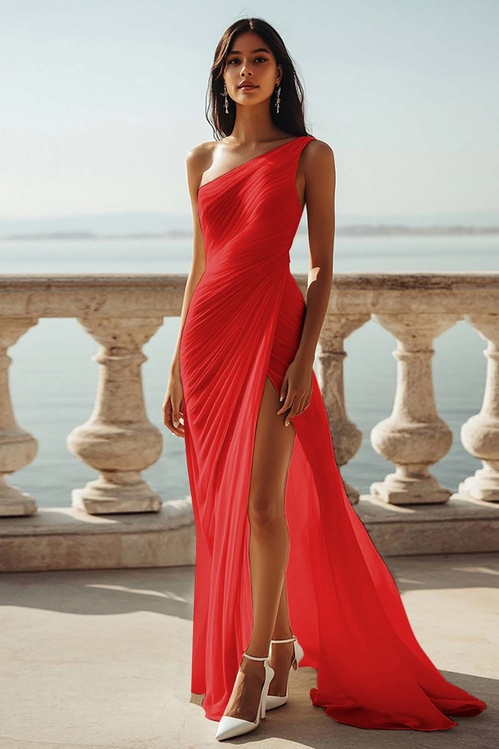 Ivory Chiffon One Shoulder Ruched Beach Maxi Engagement Dress with Slit
