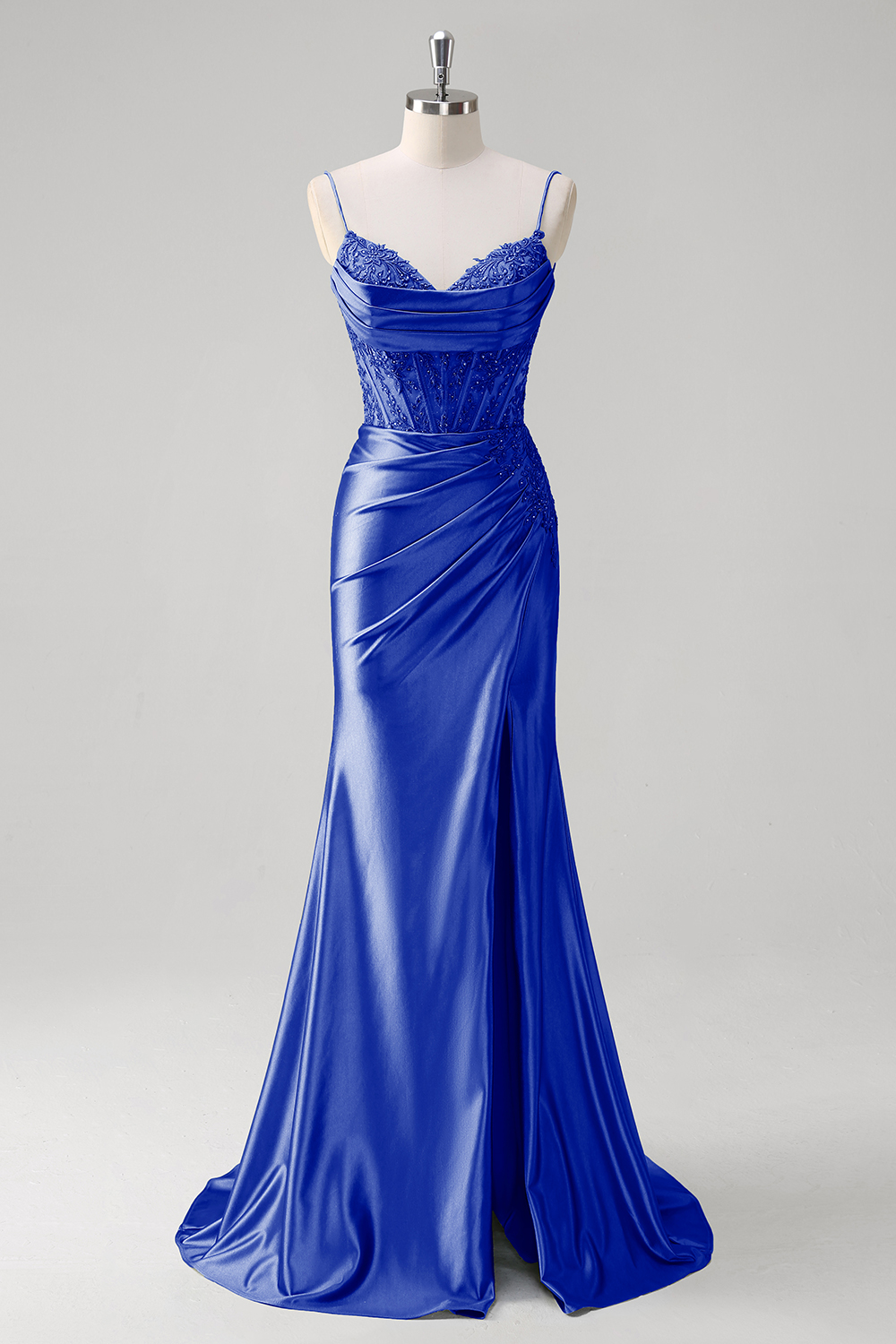 Green Applique Pleated Mermaid Satin Prom Dress with Slit