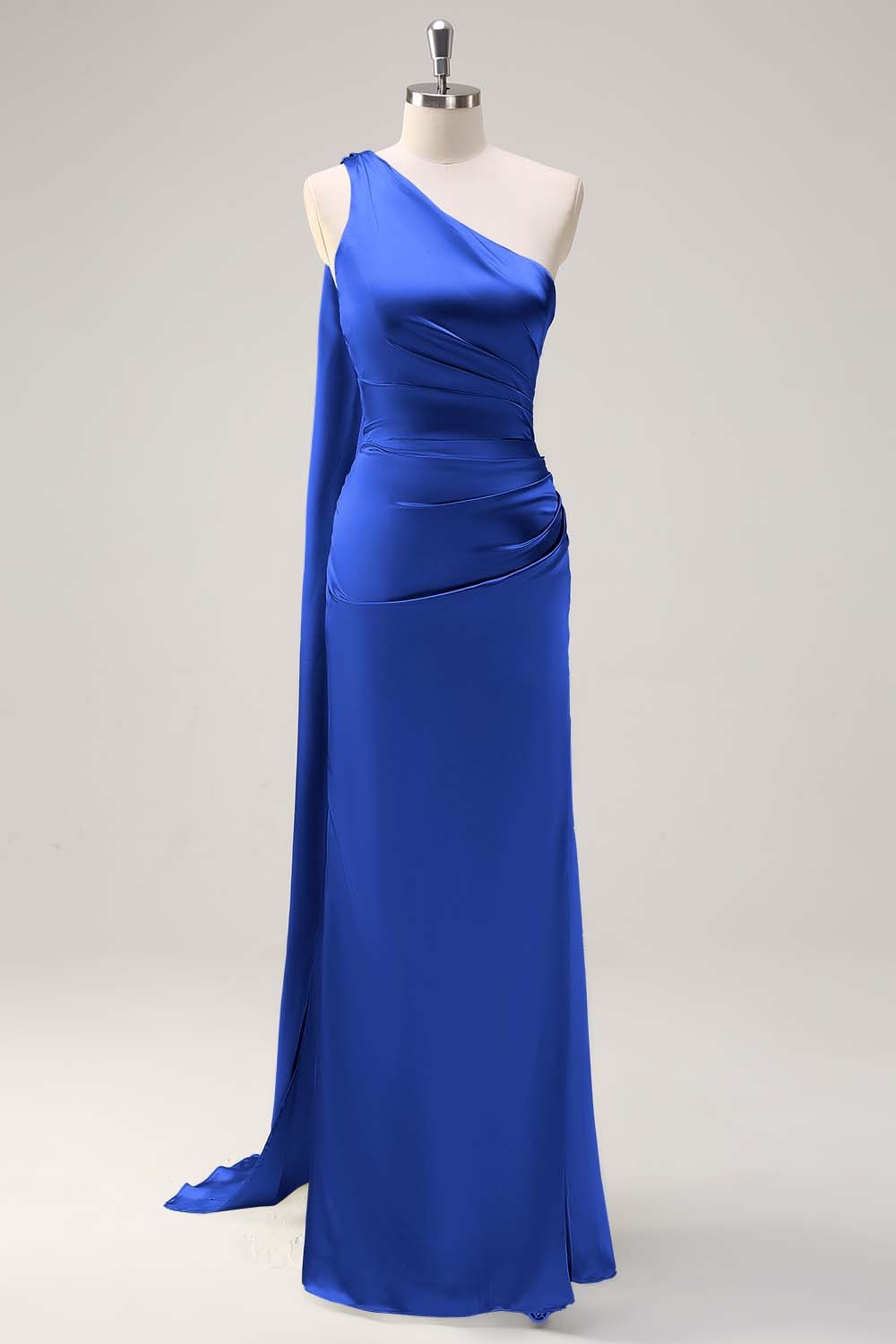 Sage One Shoulder Sheath Satin Watteau Train Bridesmaid Dress