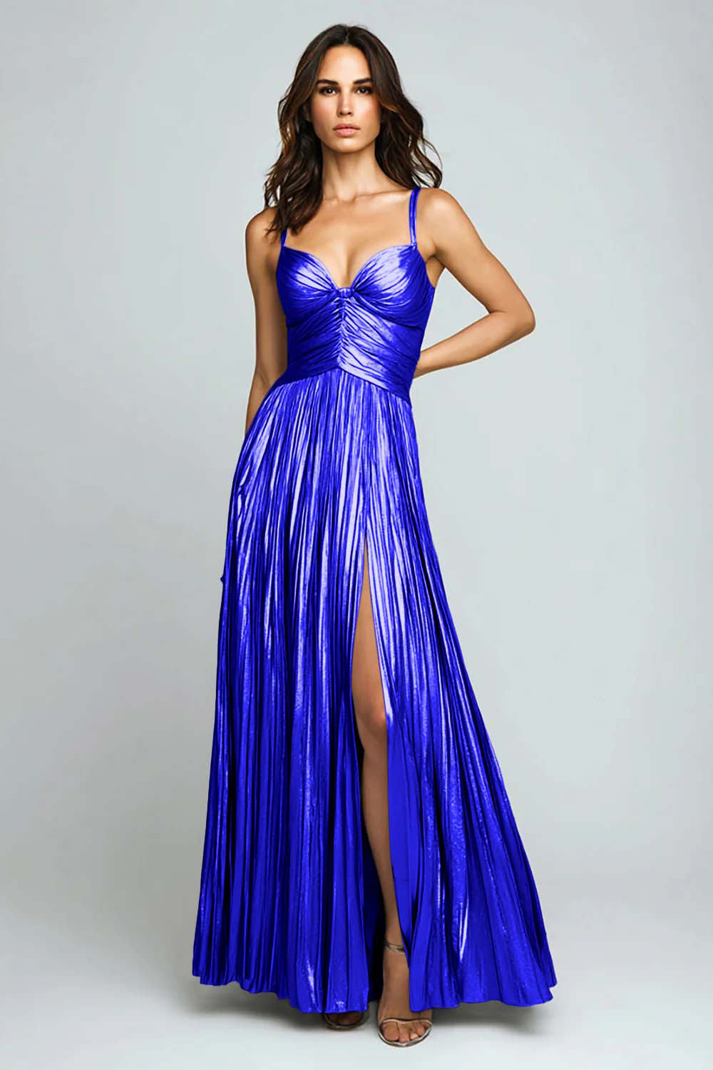 Silver Pleated Metallic Spaghetti Straps Long Formal Dress with Slit