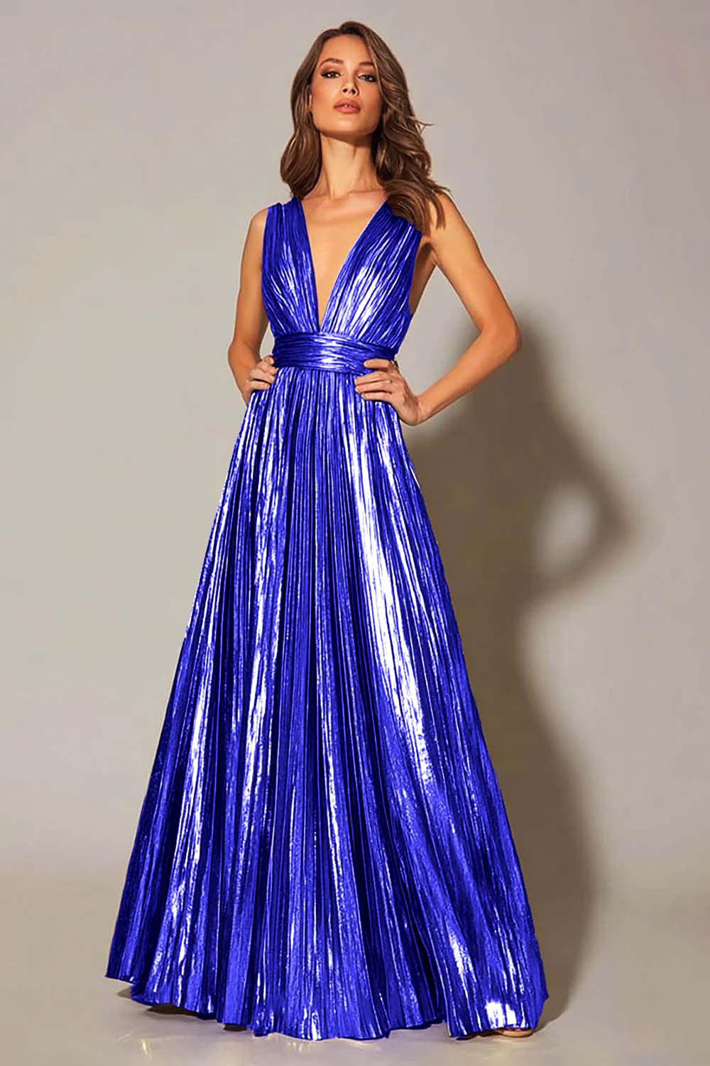 Gold Metallic Pleated V-Neck A-Line Long Formal Dress