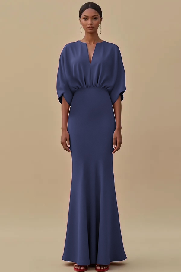 Leely Women Red Mermaid Long Evening Dress with Sleeves V-Neck Formal Dress