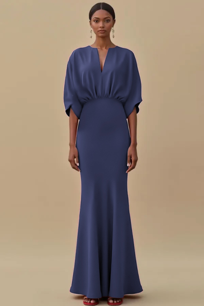 Leely Women Red Mermaid Long Evening Dress with Sleeves V-Neck Formal Dress