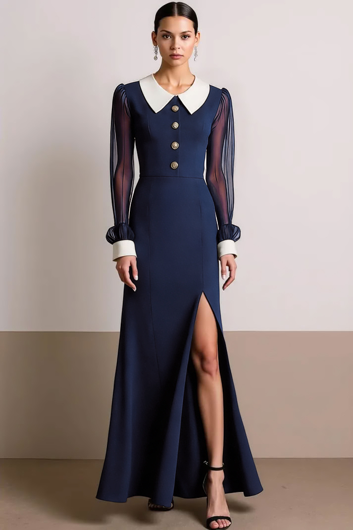 Black White Collar Neck Long Formal Dress with Slit