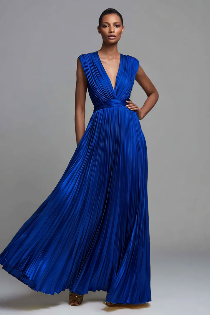Gold V-Neck A Line Metallic High Waist Pleated Long Formal Dress