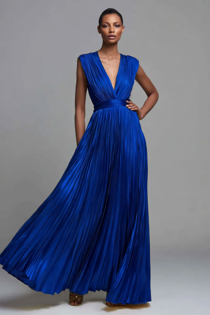 Gold V-Neck A Line Metallic High Waist Pleated Long Formal Dress