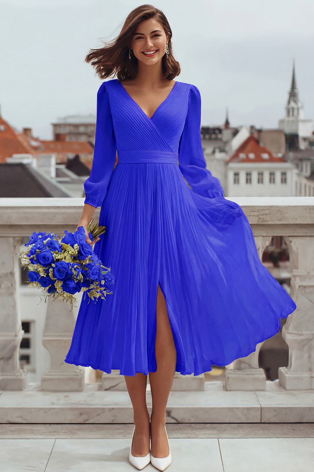 Ivory V-Neck A Line Midi Engagement Dress with Slit