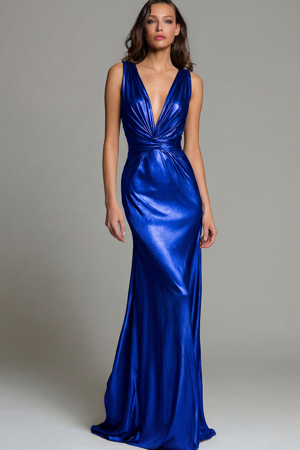 Gold Mermaid Deep V-Neck Metallic Long Formal Dress