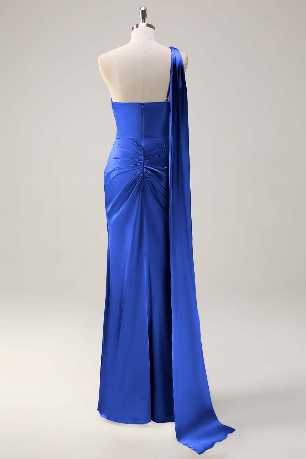 Sage One Shoulder Sheath Satin Watteau Train Bridesmaid Dress