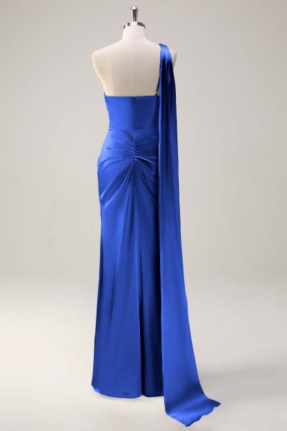 Sage One Shoulder Sheath Satin Watteau Train Bridesmaid Dress