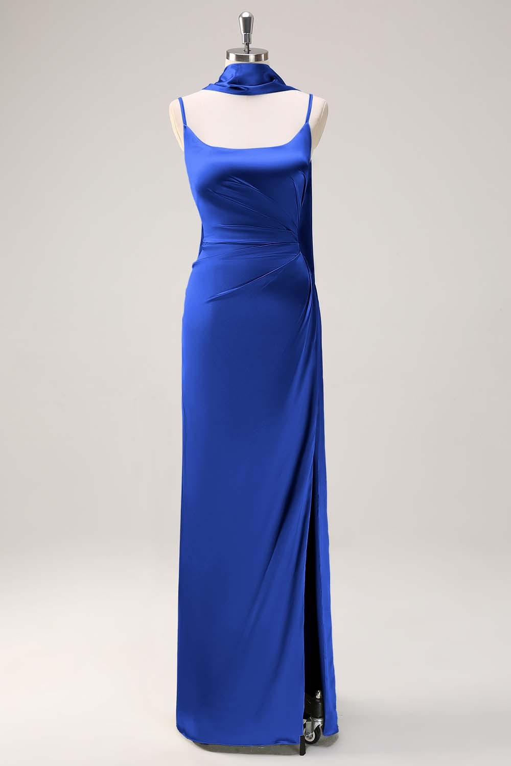 Sage Scoop Neck Sheath Satin Bridesmaid Dress with Ribbon