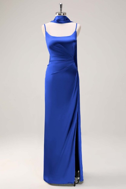 Sage Scoop Neck Sheath Satin Bridesmaid Dress with Ribbon