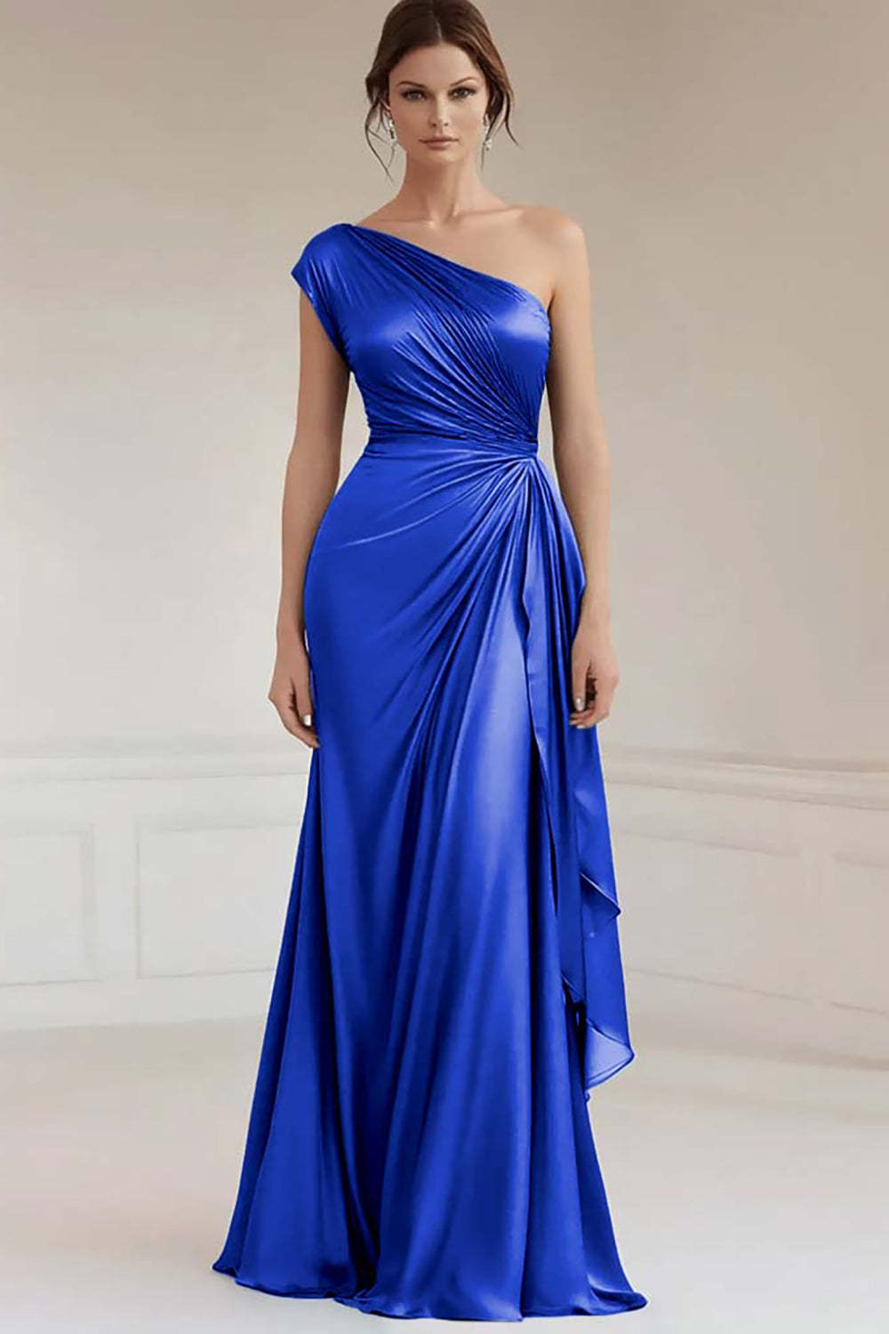 Grey Blue One Shoulder Sheath Maxi Formal Dress with Ruffles