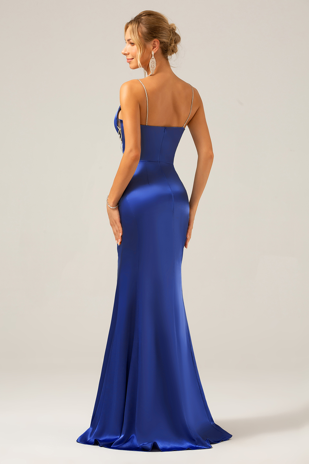 Grey Blue Mermaid Satin Spaghetti Straps Long Bridesmaid Dress