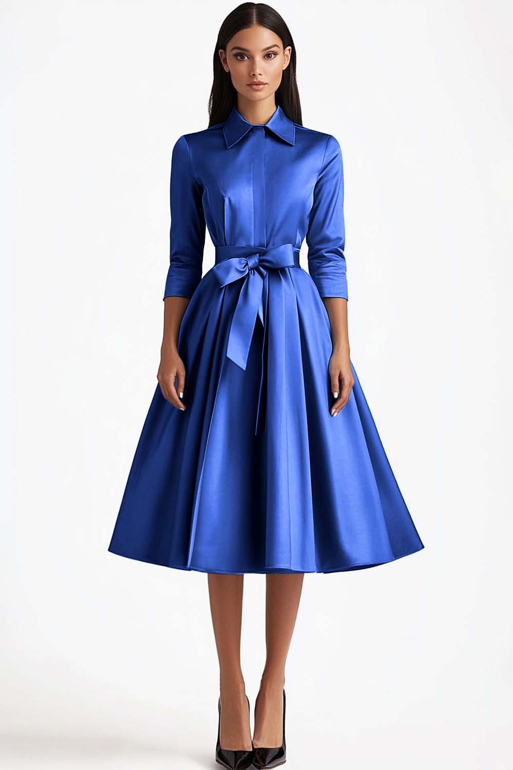 Blue 3/4 Sleeves A-Line Formal Dress with Sash