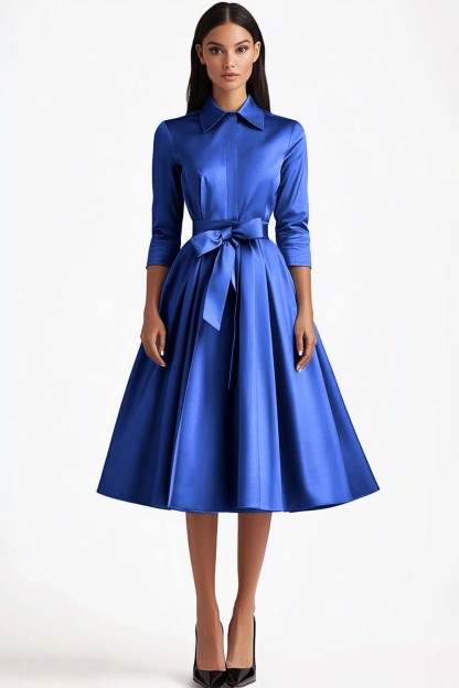 Blue 3/4 Sleeves A-Line Formal Dress with Sash