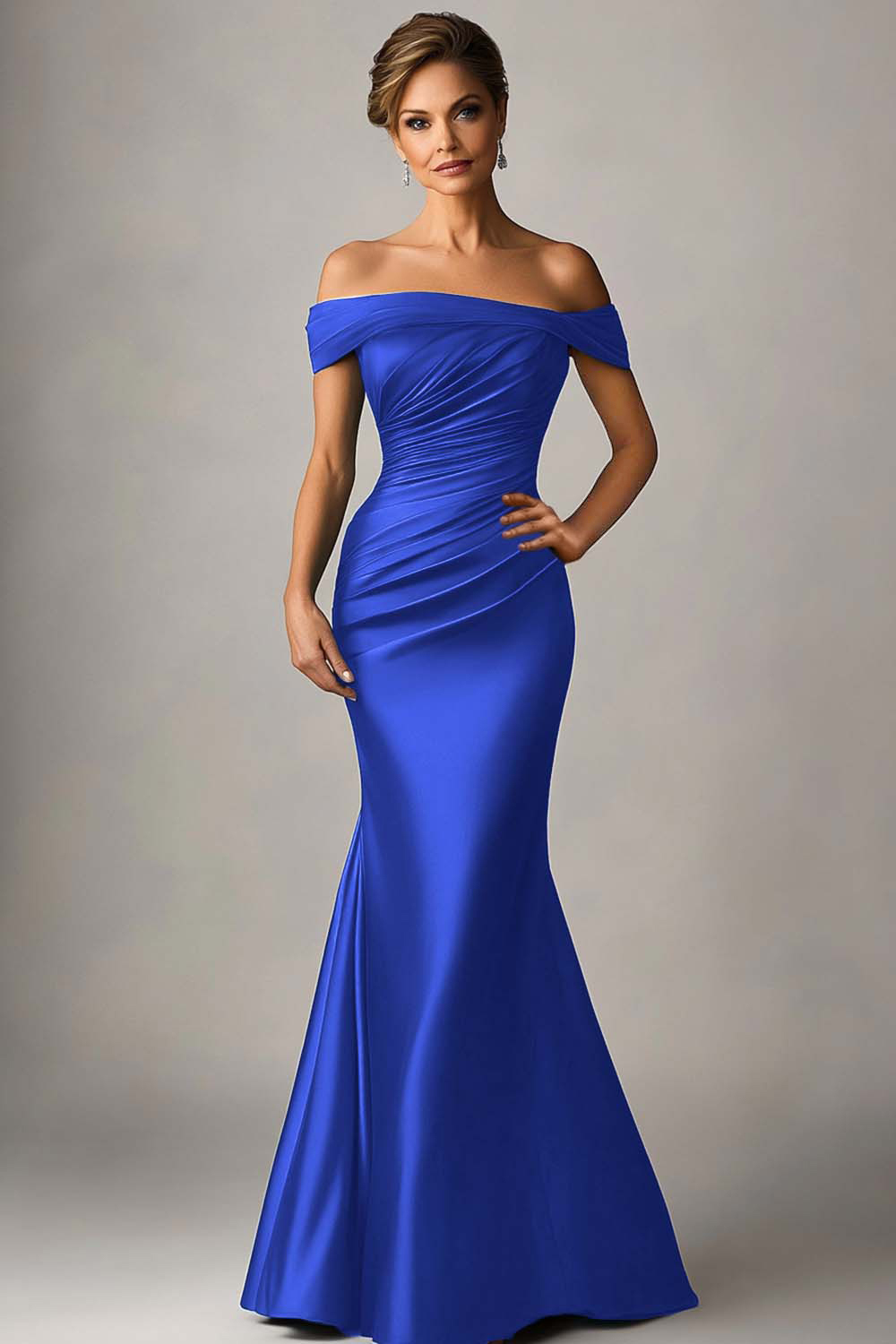 Peacock Blue Off the Shoulder Mermaid Satin Ruched Formal Dress