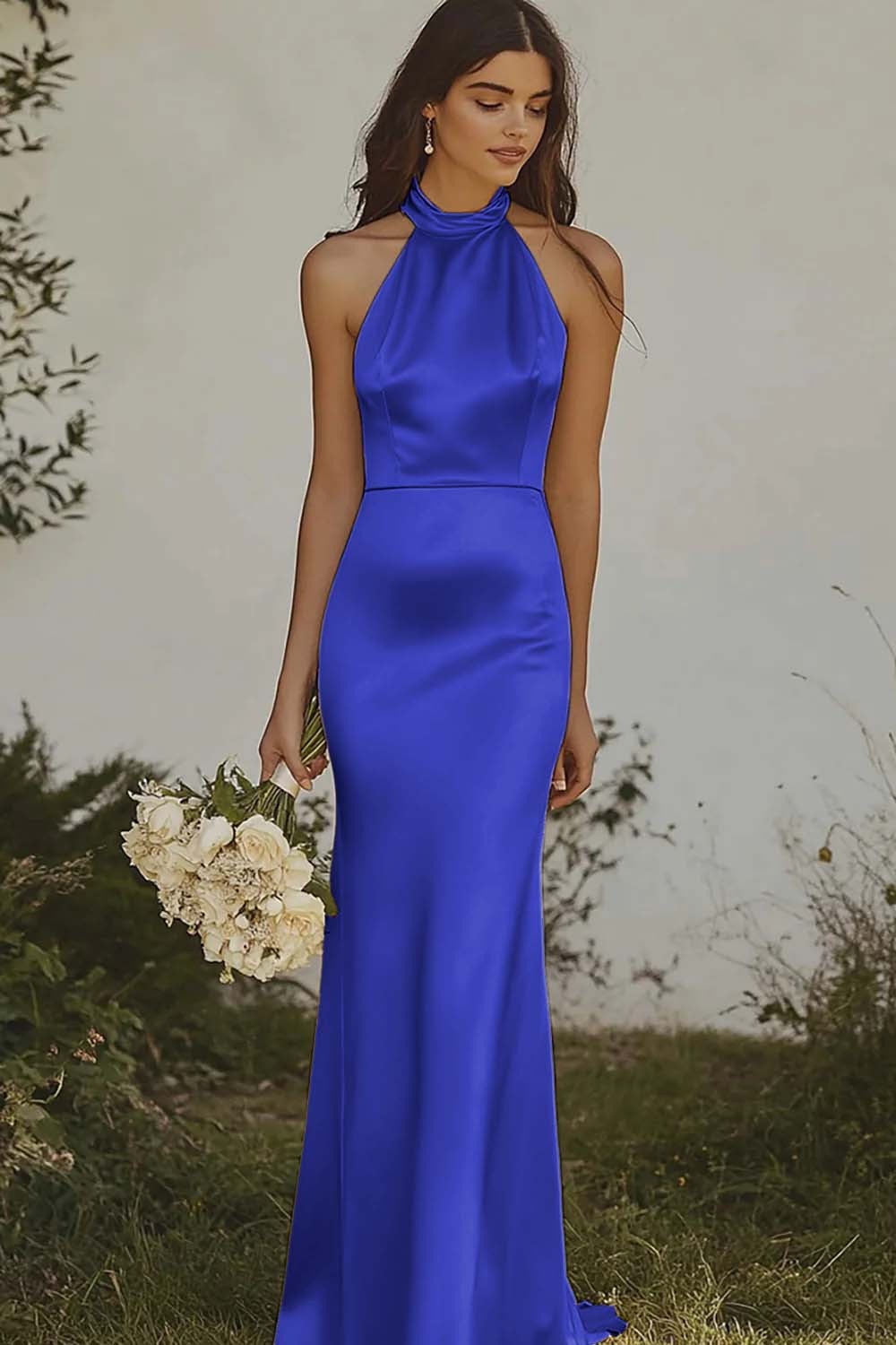 Elegant Light Yellow Sheath Halter Long Satin Bridesmaid Dress